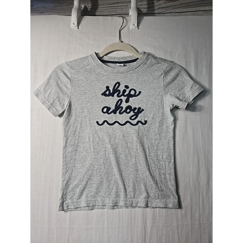 Janie and Jack Boys Size 6‎ Ship Ahoy Graphic Short Sleeve Shirt Gray Cotton